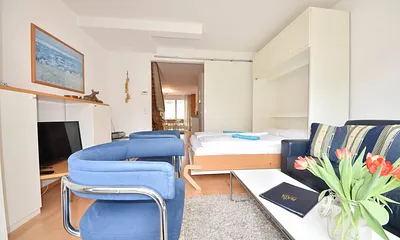 Wohnbereich mit aufgeklappten Schrankbett