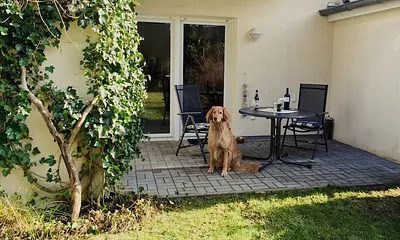 schöne Terrasse mit Garten