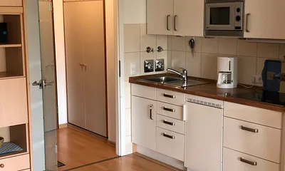 Küchenzeile mit Dunstabzug, 4-fach Cerankochfeld, Mikowelle, Kühlschrank mit Tiefkühlfach 