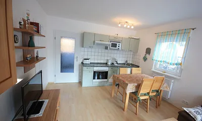 Esstisch und Küchenzeile mit Ofen und Mikrowelle