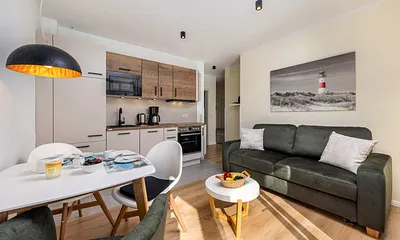 Blick in das Wohnzimmer mit Küchenzeile.