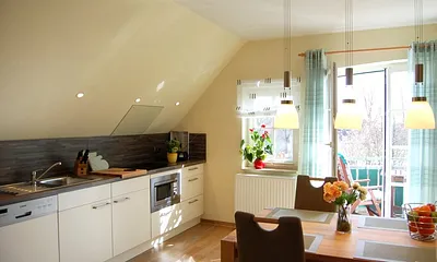 Küche mit Kochfeld, Geschirrspüler, Mikrowelle usw.