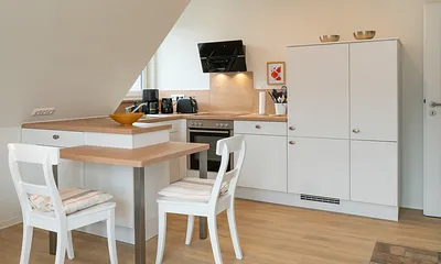 Küche mit Geschirrspüler, Cerankochfeld, Backofen, Kühlschrank mit Tiefkühlfach und Essplatz