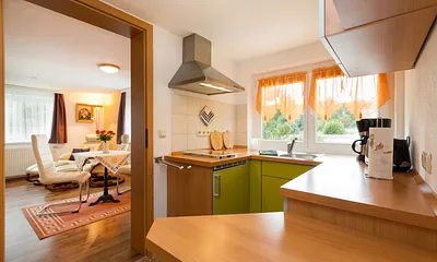 Blick von der Küche ins Wohnzimmer.