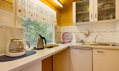 Die kleine Küchenzeile mit Kühlschrank, 2-Platten-Kochfeld, Kaffeemaschine, Wasserkocher und Toaster.