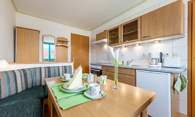 Die Küchenzeile hat Backofen, Cerankochfeld, Kühlschrank mit Gefrierfach ...