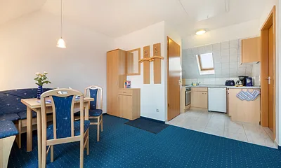 Die Küchenzeile ist mit Backofen, Cerankochfeld, Kühlschrank mit Gefrierfach ...