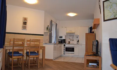 Blick von der Couch zur offenen vollwertigen Küche