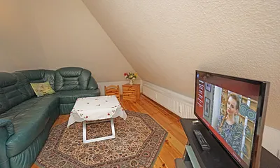 Wohnzimmer mit Schlafcouch und Flachbildfernseher