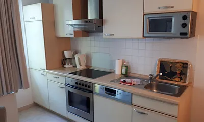 Küchenzeile ausgestattet mit Backofen, Herd, Mikrowelle, Kühlschrank, Geschirrspüler, Toaster, Kaffeemaschine, Wasserkocher und allem was dazu gehört.