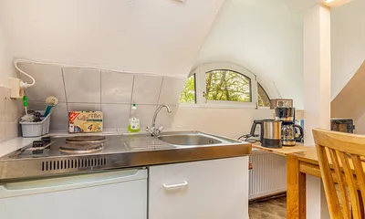 ... und eine Pantryküche mit 2-Platten-Herd und Kühlschrank.