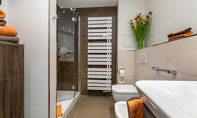 Das schöne Bad mit Dusche, WC, Waschbecken und Fön.