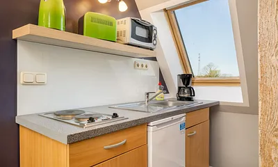 Die Küchenzeile mit Minibackofen, 2-Platten-Herd und Kühlschrank mit Eisfach.