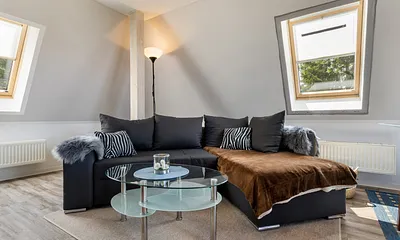 Das Wohnzimmer mit Couch mit Schlaffunktion.