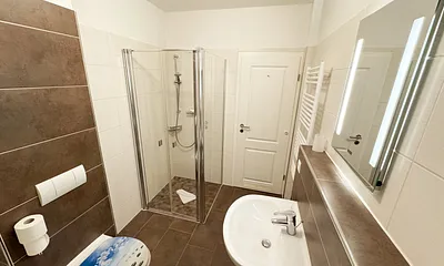 Badezimmer mit Dusche, WC, Kosmetikspiegel, Fön, Waschbecken und Handtuchwärmeheizkörper