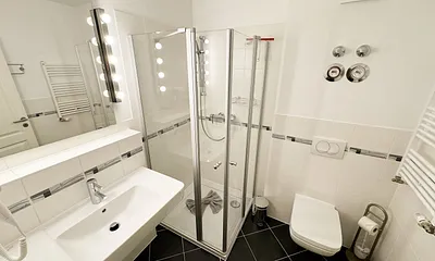 Badezimmer mit ebenerdiger Glasdusche, WC, Fön und Handtuchheizkörper