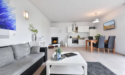 Wohnbereich mit Kamin und offener Küche