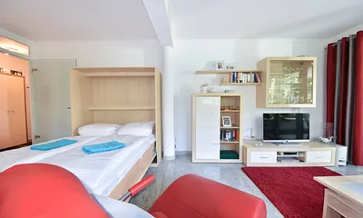 Wohnbereich mit aufgeklappten Schrankbett