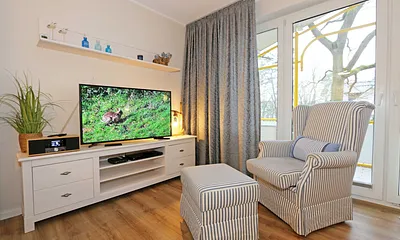 Wohnbereich mit einer gemütlichen Couch (Aufbettung für 3. und 4. Person, Liegefläche 1,60 m x 2,00 m), Couchtisch, gemütlichen Ohrensessel, Leselampe, Lowboard mit Smart-TV und Blu Ray-Player