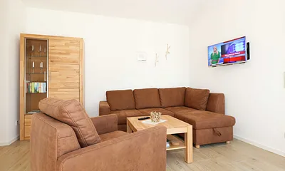 Wohnbereich mit Eckcouch, Couchtisch, Sessel, Vitrine, Smart-TV mit integriertem Radio, USB-Anschluss und Bluetooth