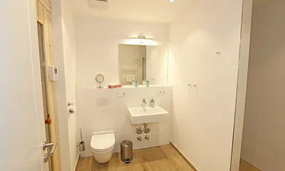 innenliegendes Badezimmer mit Waschtisch, Wandspiegel, ebenerdige Regendusche, WC, Fön, Handtuchtrockner, Kosmetikspiegel und Infrarotsauna