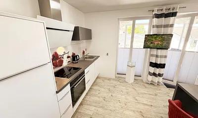 offene und moderne Küchenzeile mit hochwertigen Elektrogeräten