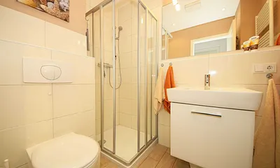  Bad mit Dusche, Fön, WC, Waschtisch und Handtuchheizkörper