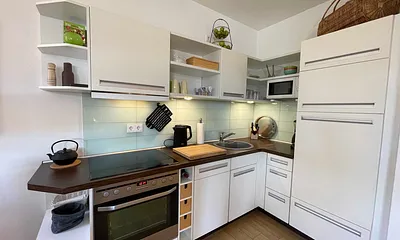 moderne Küchenzeile mit Kühlschrank, separates Gefrierfach, Ceranfeld, Backofen, Mikrowelle, Geschirrspüler und diversen Küchenutensilien 