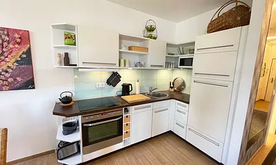 moderne Küchenzeile mit Kühlschrank, separates Gefrierfach, Ceranfeld, Backofen, Mikrowelle, Geschirrspüler und diversen Küchenutensilien 