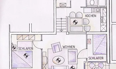 Grundriss (2 SZ, Küche, Bad, Balkon)