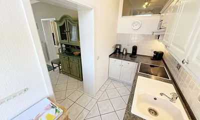 Blick auf Küchenzeile und Wohnbereich