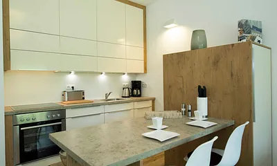 Einbauküche mit Geschirrspüler, Kühlschrank mit Eisfach, Backofen, 4 Zonen-Cerankochfeld, Mikrowelle, Kaffeemaschine, Toaster, Wasserkocher, Mixer und diversen Küchenutensilien