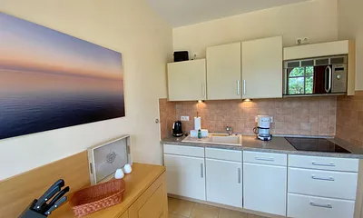 angrenzende Küchenzeile mit Keramikspüle, 3-Zonen-Glaskeramik-Kochfeld, Kühlschrank mit Gefrierfach, Geschirrspüler, Mikrowellen-Dunstabzugs-Kombination, Kaffeemaschine, Wasserkocher und Toaster