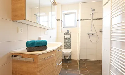 Tageslichtbad mit Walk-In-Dusche, 1 Waschtisch mit Unterschränken und Spiegelschrank, WC, Handtuchtrockner, Haarfön