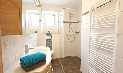 Tageslichtbad mit Walk-In-Dusche, 1 Waschtisch mit Unterschränken und Spiegelschrank, WC, Handtuchtrockner, Haarfön