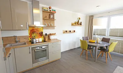 Küchenzeile mit Induktionsfeld, Backofen, Geschirrspüler, Kühlschrank mit Gefrierfach, Kaffeemaschine, Wasserkocher, Toaster und diversen Küchenutensilien