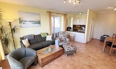 kombinierter Wohn-und Essbereich mit Küchenzeile