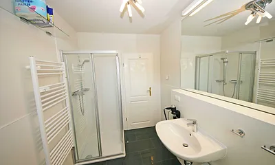 Badezimmer mit Dusche, Waschtisch, großem Spiegel und WC