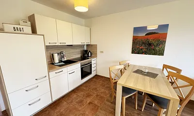 Küchenzeile mit Spülmaschine, Ceran-Kochfeld, Backofen, Kühlschrank mit 3 ***Gefrierfach, Toaster, Wasserkocher, Kaffeemaschine und diversen Küchenutensilien