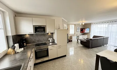 Küchenzeile mit Backofen, Ceranfeld, Kühlschrank, Mikrowelle, Geschirrspüler, Spüle und diverse Küchenutensilien