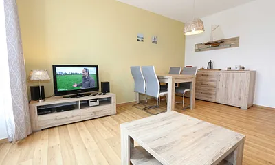 Wohnbereich mit hochwertiger Schlafcouch (1,60 m x 2,00 m, Aufbettungsmöglichkeit für 3/4 Person), Couchtisch, Leselampe, Sideboard mit Smart-TV mit Sky