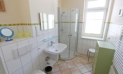 Tageslichtbad mit ebenerdiger Dusche, Waschplatz, Handtuchtrockner, WC und Fön