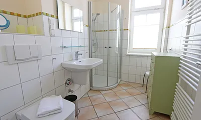 Tageslichtbad mit ebenerdiger Dusche, Waschplatz, Handtuchtrockner, WC und Fön