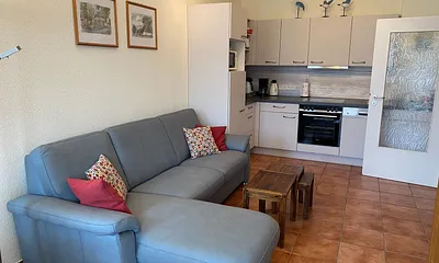 offener Wohnbereich mit Sofa, Sessel, Couchtisch, Sideboard, Leselampe, Smart-TV, DVD-Player sowie Mini-Stereo-Anlage mit USB-Anschluss und DAB-Radio