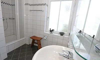 Tageslichtbad mit Dusche, Kosmetikspiegel, Fön, WC und Waschtisch