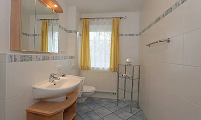 Badezimmer mit Dusche (flacher Einstieg), WC, Waschtisch und Fön