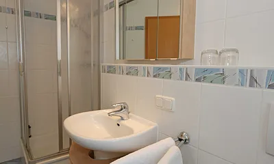 Badezimmer mit Dusche (flacher Einstieg), WC, Waschtisch und Fön