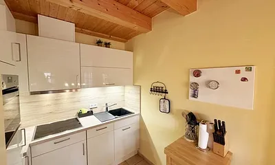 Küchenecke mit Ceran-Kochfeld, Geschirrspüler, Kühlschrank mit Eisfach, Kaffeemaschine, Senseo Padmaschine, Mikrowelle mit Grillfunktion, Wasserkocher, Toaster und weiteren praktischen Helfern