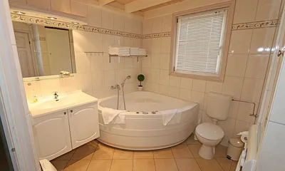 großzügiges Bad mit Dusche, Whirlpool, Sauna, Fußbodenheizung, Waschplatz, WC, Kosmetikspiegel, Fön und Waschmaschine