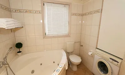 großzügiges Bad mit Dusche, Whirlpool, Sauna, Fußbodenheizung, Waschplatz, WC, Kosmetikspiegel, Fön und Waschmaschine